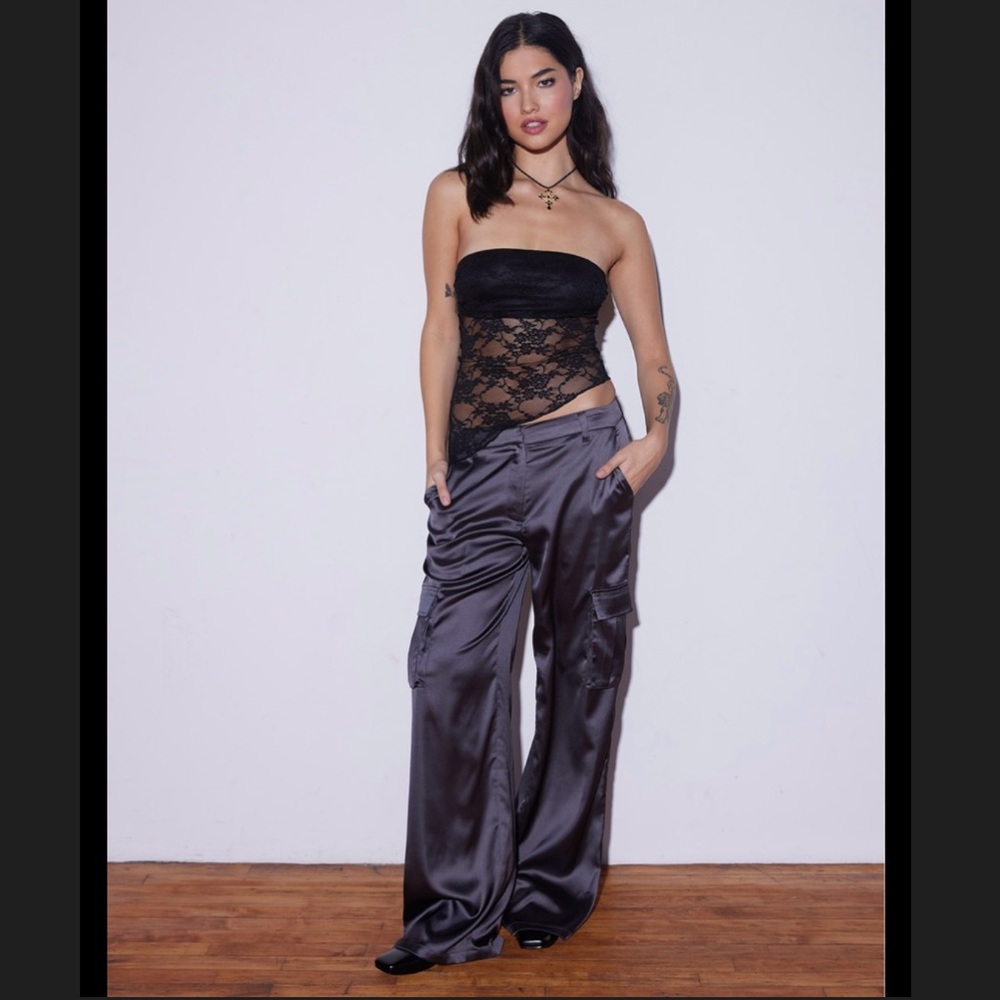 Wide Leg Satin Cargo Pants in Charcoal Gray - Picture 1 of 8
